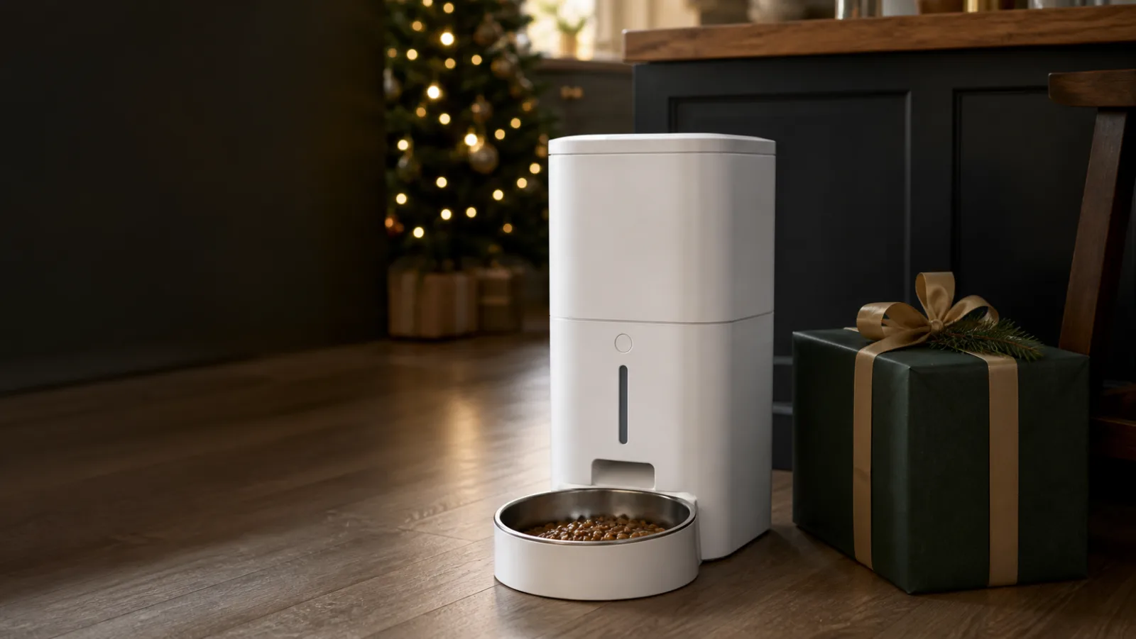 Representative white automatic dry-food feeder beside a green Christmas gift