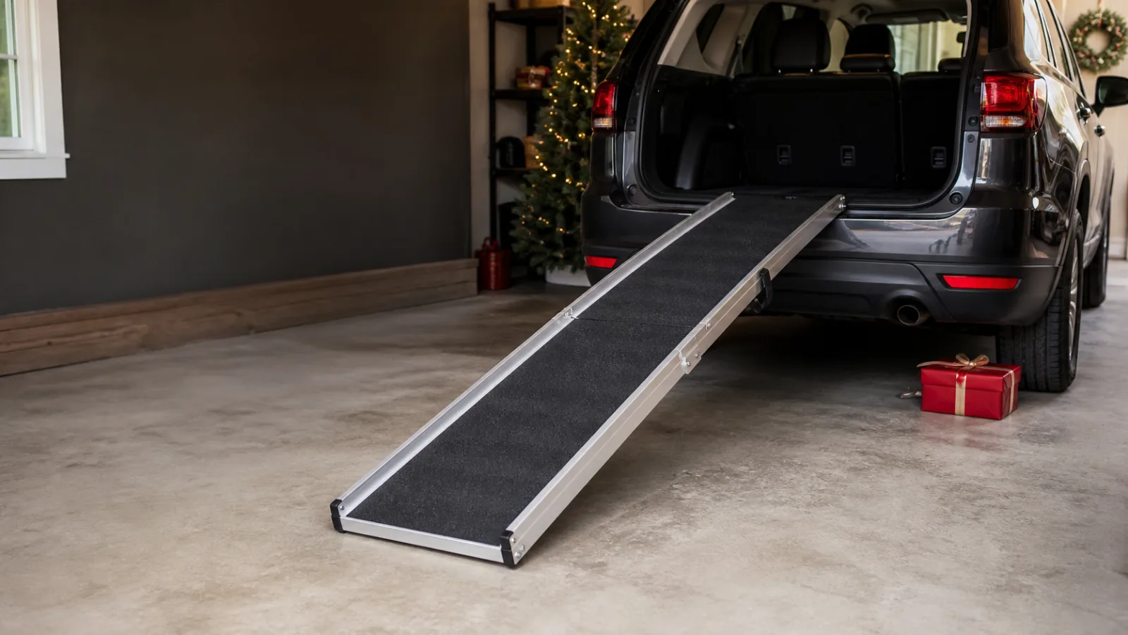 Representative aluminum telescoping dog ramp beside an SUV and a red Christmas gift